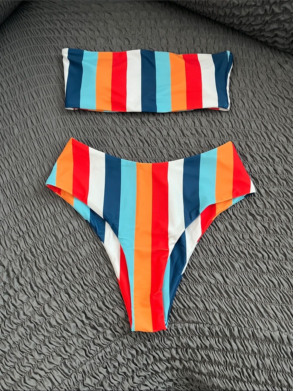 Striped Bandeau Bikini Set in Red, Orange, Navy, Light Blue & White